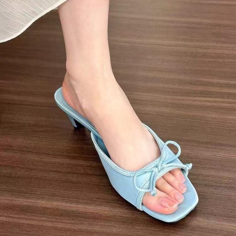 Fashion Summer New Butterfly Knot Small Heel Slippers Square Toe Open Toe Temperament Non-Slip Kitten Heel Slippers
