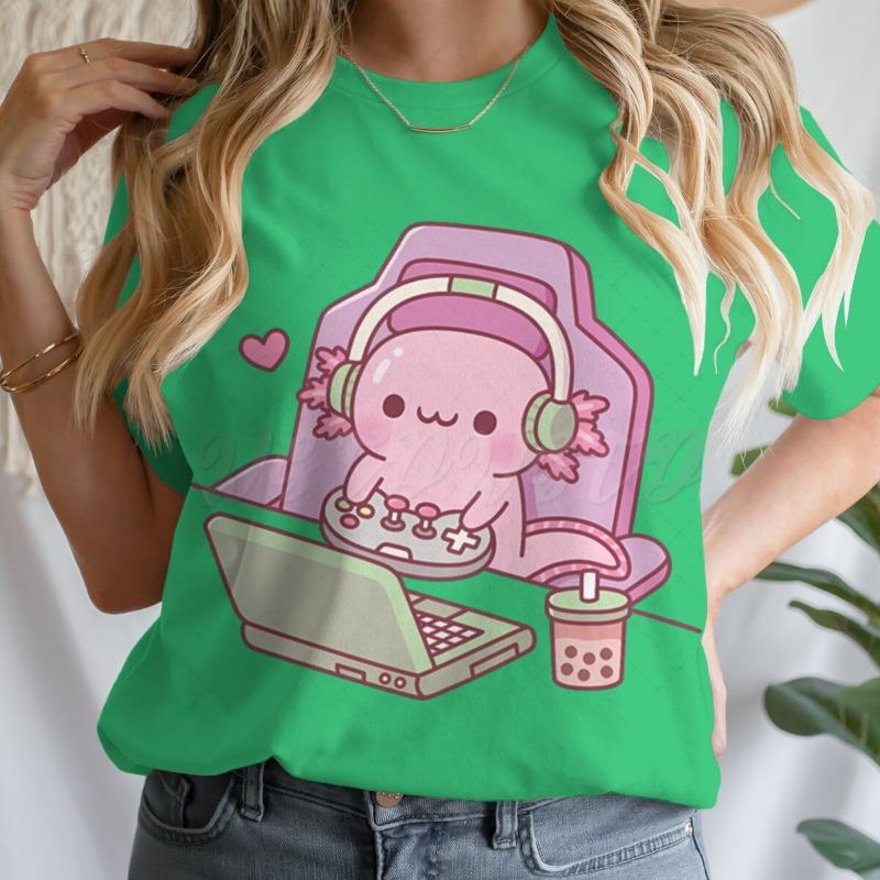 Cute Axolotl Playing Games T-shirt Female Casual Summer Drink Top Tie Dye Boba Tea Cartoon T-shirts Gamer Funny Short Sleeve Tee