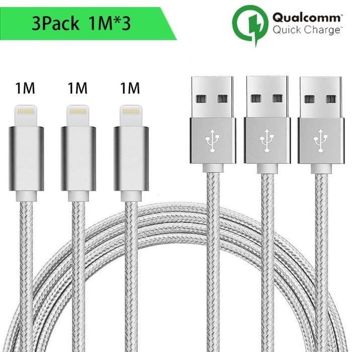 Câble USB - Compatible iPhone - Lot de 3 - 1M - Nylon Argenté - Connecteur USB