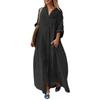 Damen Frühlings Sommer Baumwolle Leinen Maxikleid Hemdkragen Langarm Knöpfe Locker Große Größen Freizeitkleid mit Taschen für Tägliches Urlaubs Tragen