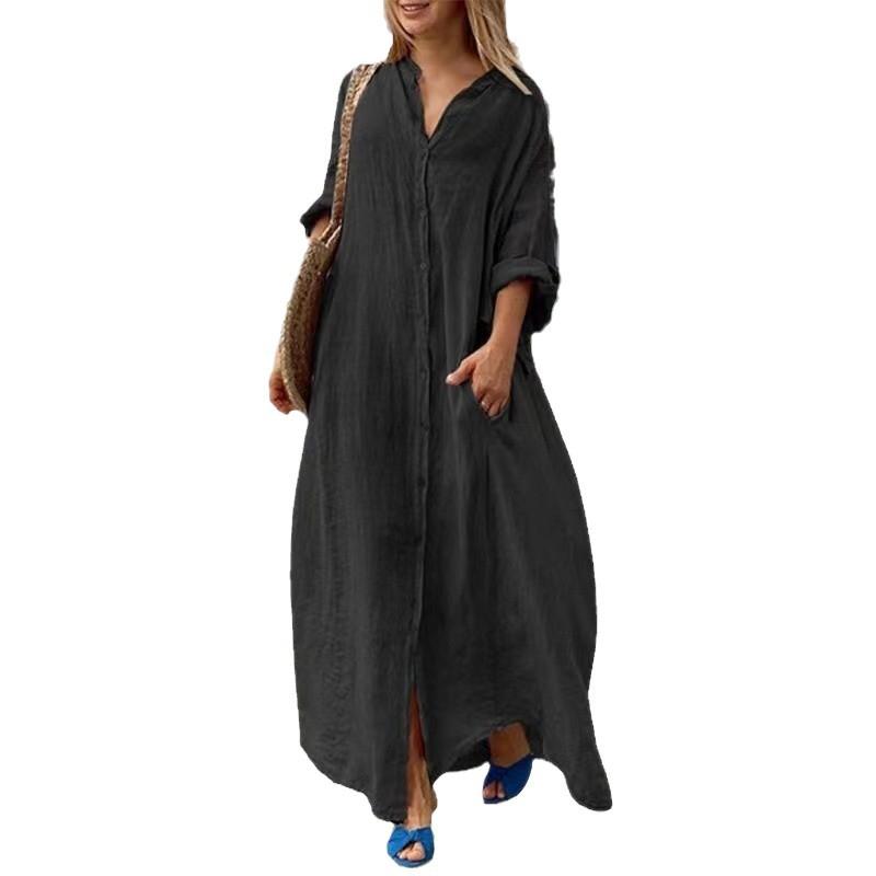 Damen Frühlings Sommer Baumwolle Leinen Maxikleid Hemdkragen Langarm Knöpfe Locker Große Größen Freizeitkleid mit Taschen für Tägliches Urlaubs Tragen