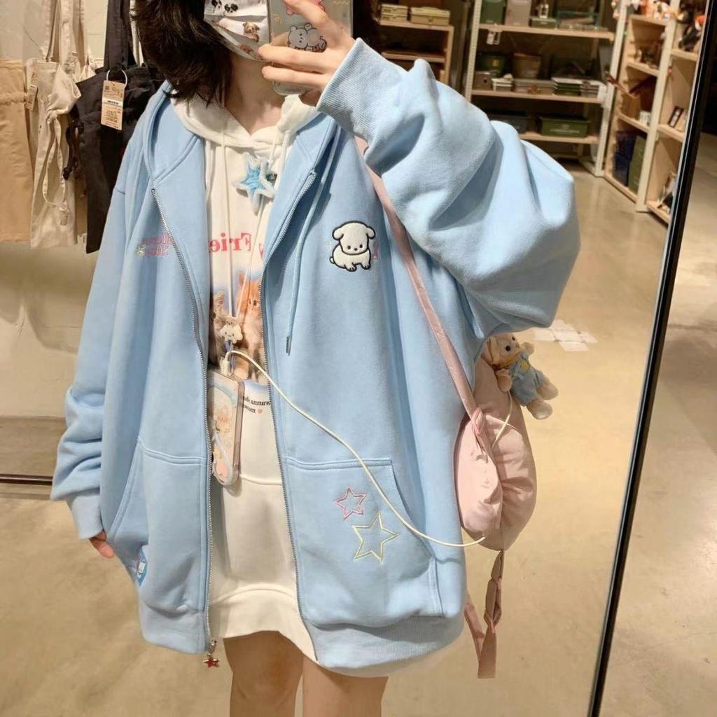 Ιαπωνικά Kawaii Zip Up Hoodies Γυναικεία Sweet Girl Star Graphics Κέντημα Φούτερ με κουκούλα Kpop Cute Casual Top Γυναικείο