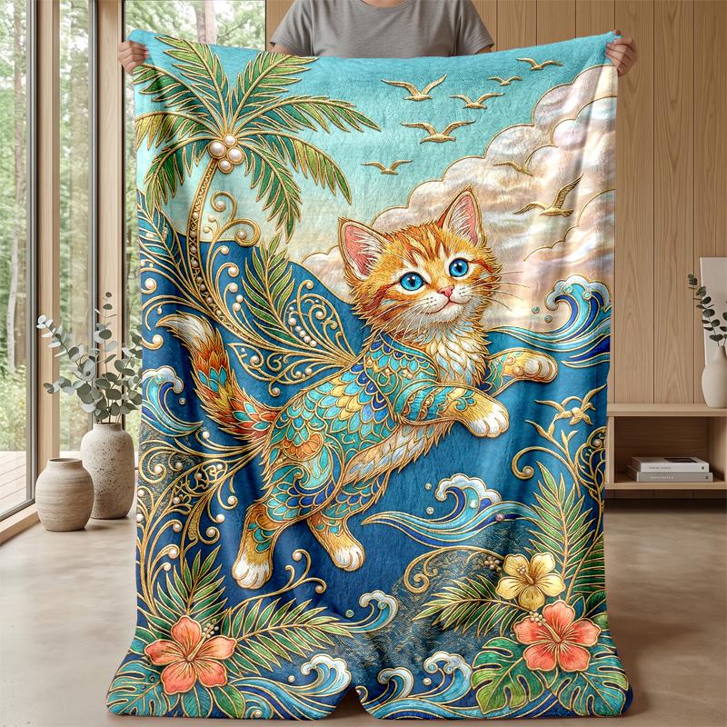 Fantasy Cat Flowers Sky Theme blanket Lightweight Warm Flannel Blanket Decorative Throw Blanket for Home Decoration
