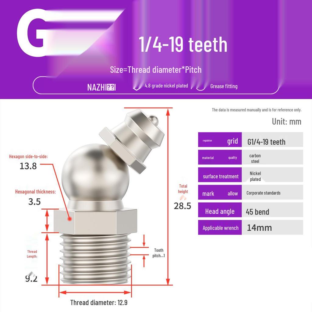Nickel-Plated Iron Bent Grease Nipple Grease Gun Head M6-M14 G1/8