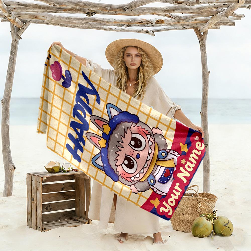 Labubu Customizable Name Beach Towel Super Soft Microfiber Quickdry Fabric Ideal for Travel Outdoor Swim Pool Yoga Surf Camping Hiking Gym Gift Holida