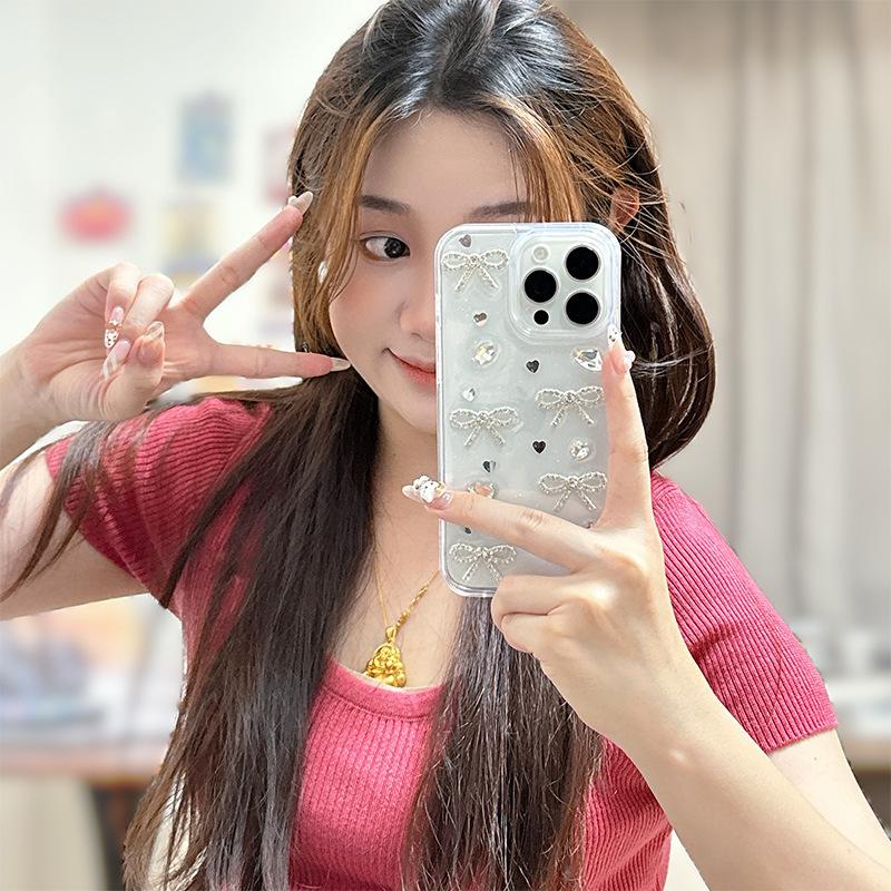 Three-dimensional Rhinestone Bow Pearl for IPhone17pro Phone Case for Apple 16 Glitter 15 Transparent 14 Women