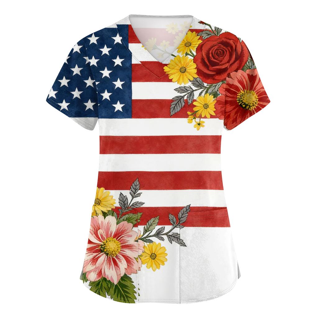 Damen Kurzarm Unabhängigkeitstag Aufdruck V-Ausschnitt Tasche Arbeitskleidung Oberteil