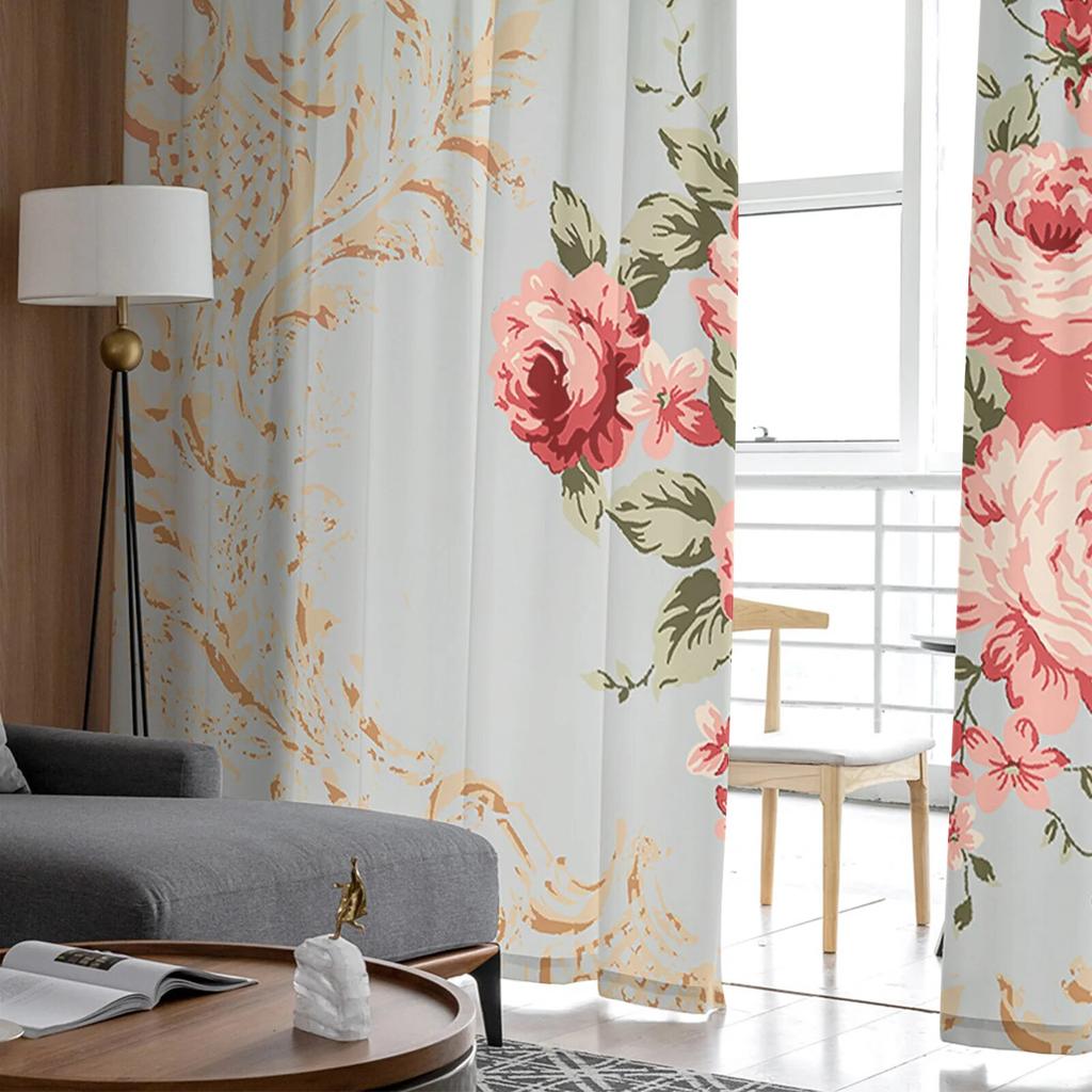 Flowers Hand Drawn Foliage Bedroom Transparent Sheer Curtains Holiday Decoration Window Voile Tulle Curtain