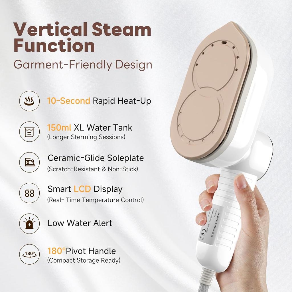 1200W portable clothing steamer, 10 second fast heating Plancha a Vapor Para Ropa, with LED, 180 ° rotating handle and ceramic base plate
