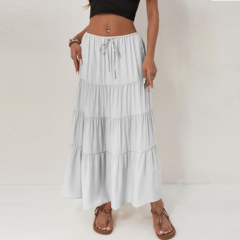 Damen Baumwollrock Hohe Taille Elastischer Bindegürtel Großer Schwingrock Europäischer Und Amerikanischer Lockerer Gespleißter Langer Rock Für Damen