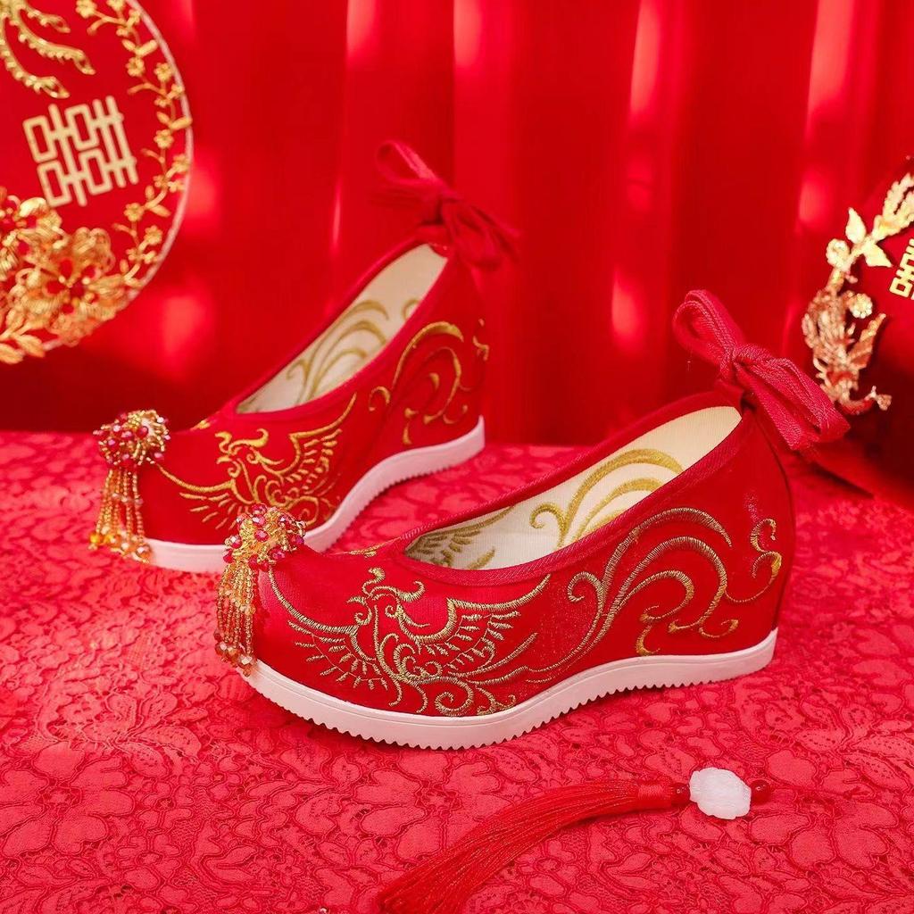 Xiuhua Women's Pearl Tassel High Heels - Ancient Style Pointed Toe Wedding Shoes for Bride, Hanfu Toasting Shoes