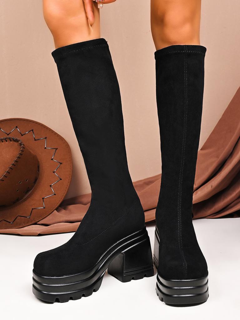 Fashion Autumn and Winter Black Long Boots for Women Platform Large Size Round Head Chunky High Heels Bota Feminina Elastic Knight Boots