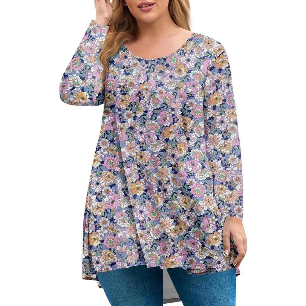 Women's Plus Size Top, Garden Collar Long Sleeved Shirt, Fashionable Floral Print Casual Top