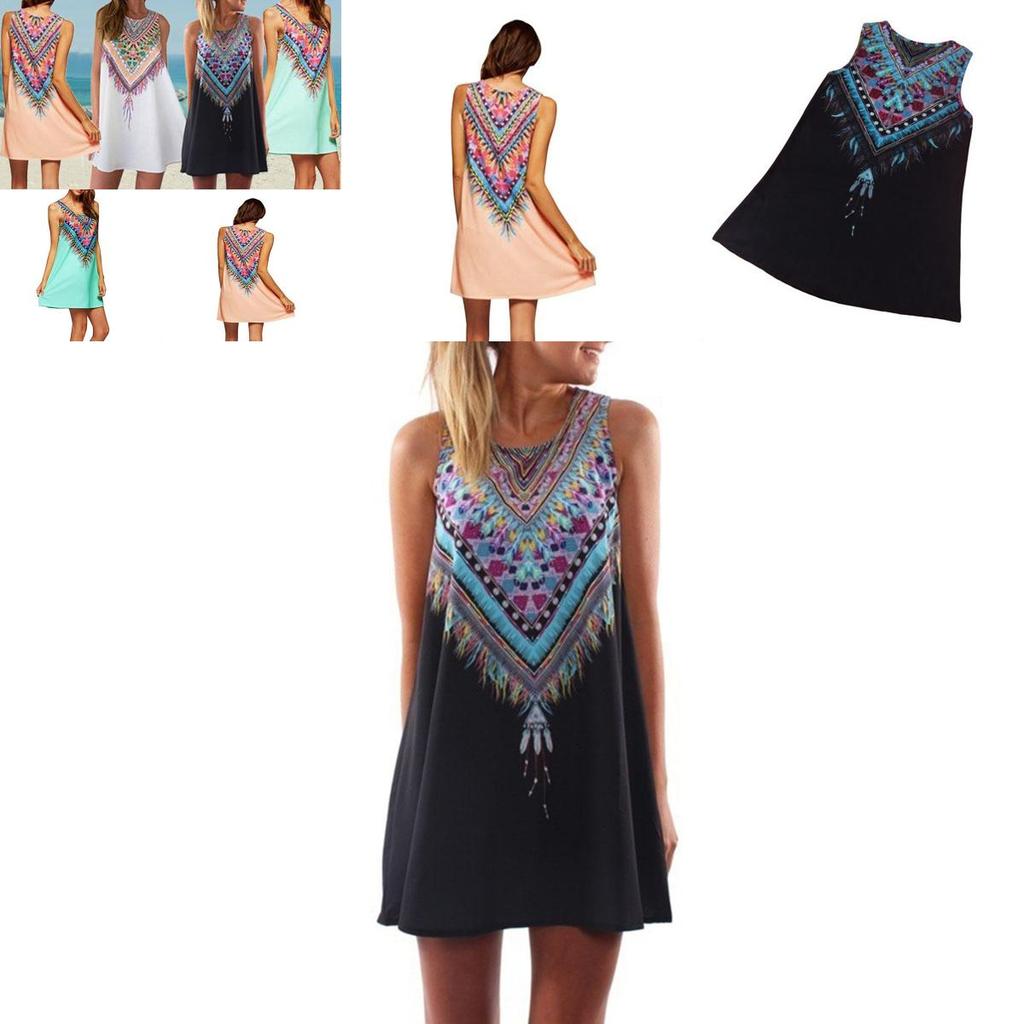Dresses Women Loose Sleeveless Mini Dress Vintage Hippie Beachwear Boho