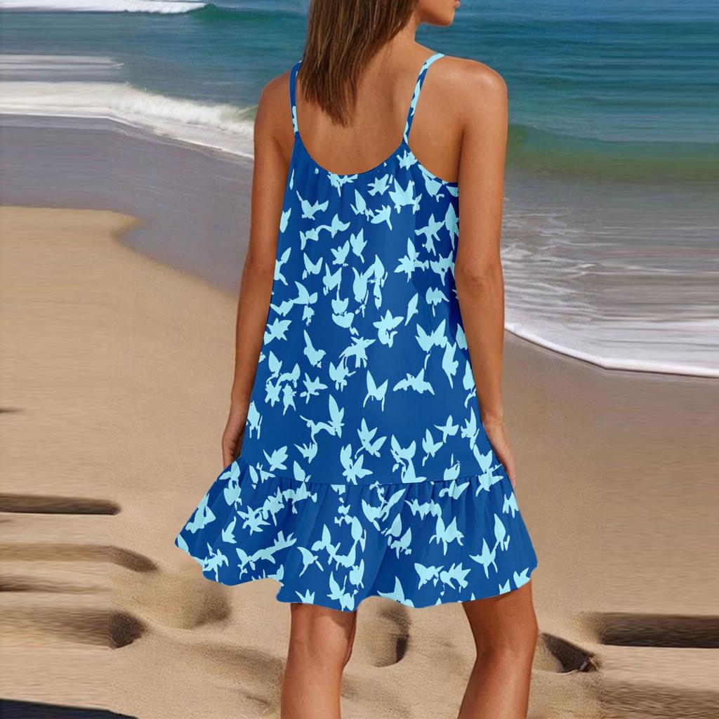 Dame Mote Casual Ermeløs Rund Hals Løs Blomsterprint Strandkjole