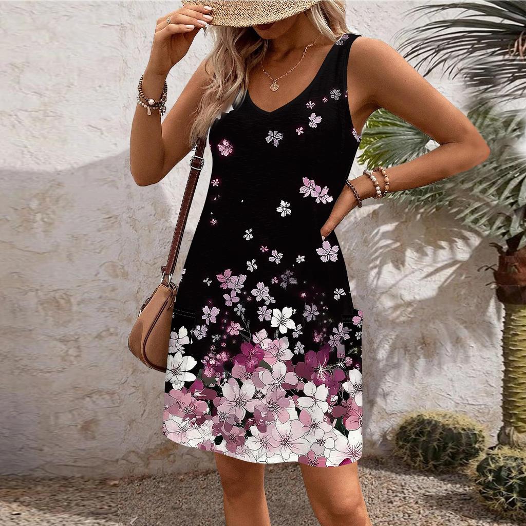 Women's Casual Sundress With Pockets Summer Boho Beach Dress T-Shirts Dress V Neck Loose Tank Dresses