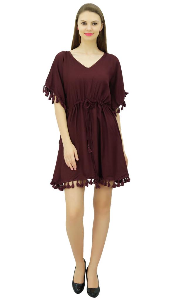 Bimba Women's V Neck Tassel Kaftan Short Rayon Caftan Designer Beachwear Coverup