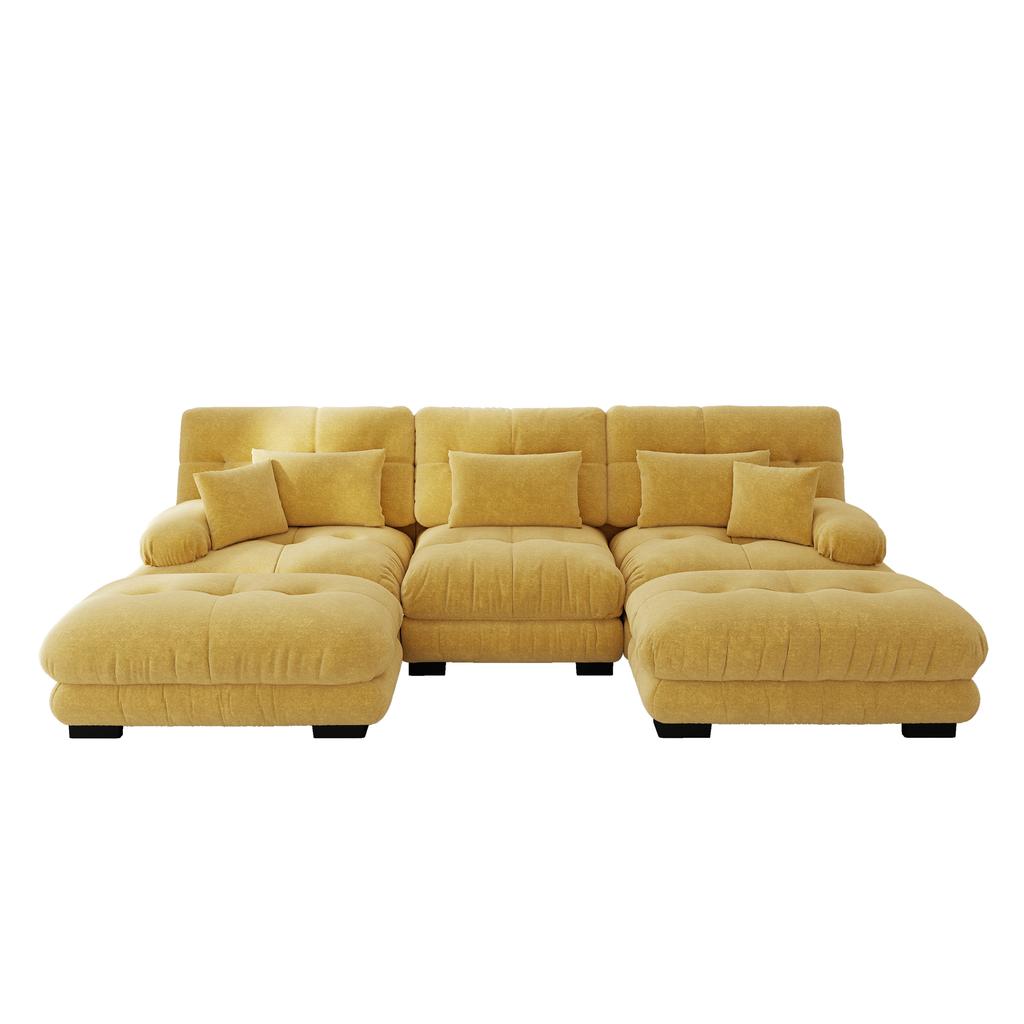 Luxuriöses Modulares Ecksofa - Überdimensionale U-förmige Wolken-Couch für das Wohnzimmer, Tiefe Sitzfläche, Umklappbares Schlafsofa mit Hocker, Gelb