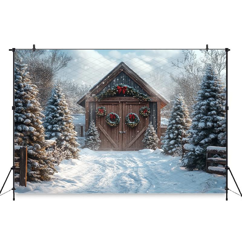 Mocsicka Christmas Photography Background Winter Snowflake Decoration Photo Backdrops Xmas Tree Red Door Pattern Shooting Banner