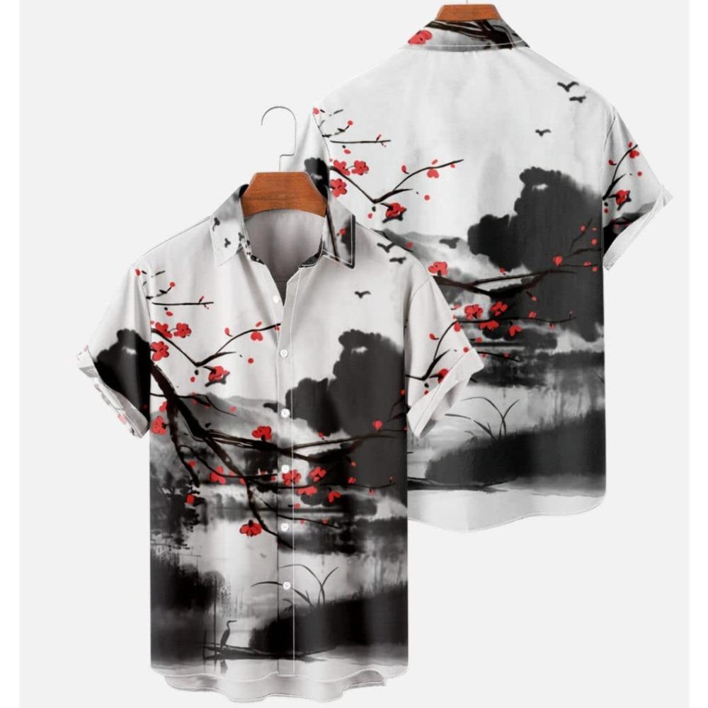 Men's Summer Designer Shirt 3D Ancient Style Plum Blossom Print Hawaiian Shirt Short Sleeve Floral Fashion Retro