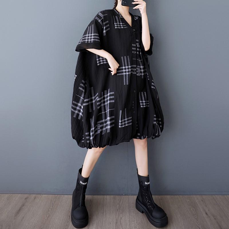Short Sleeve Plus Size Black Vintage Plaid New In Dresses for Women Casual Loose Midi Summer Shirt Dress