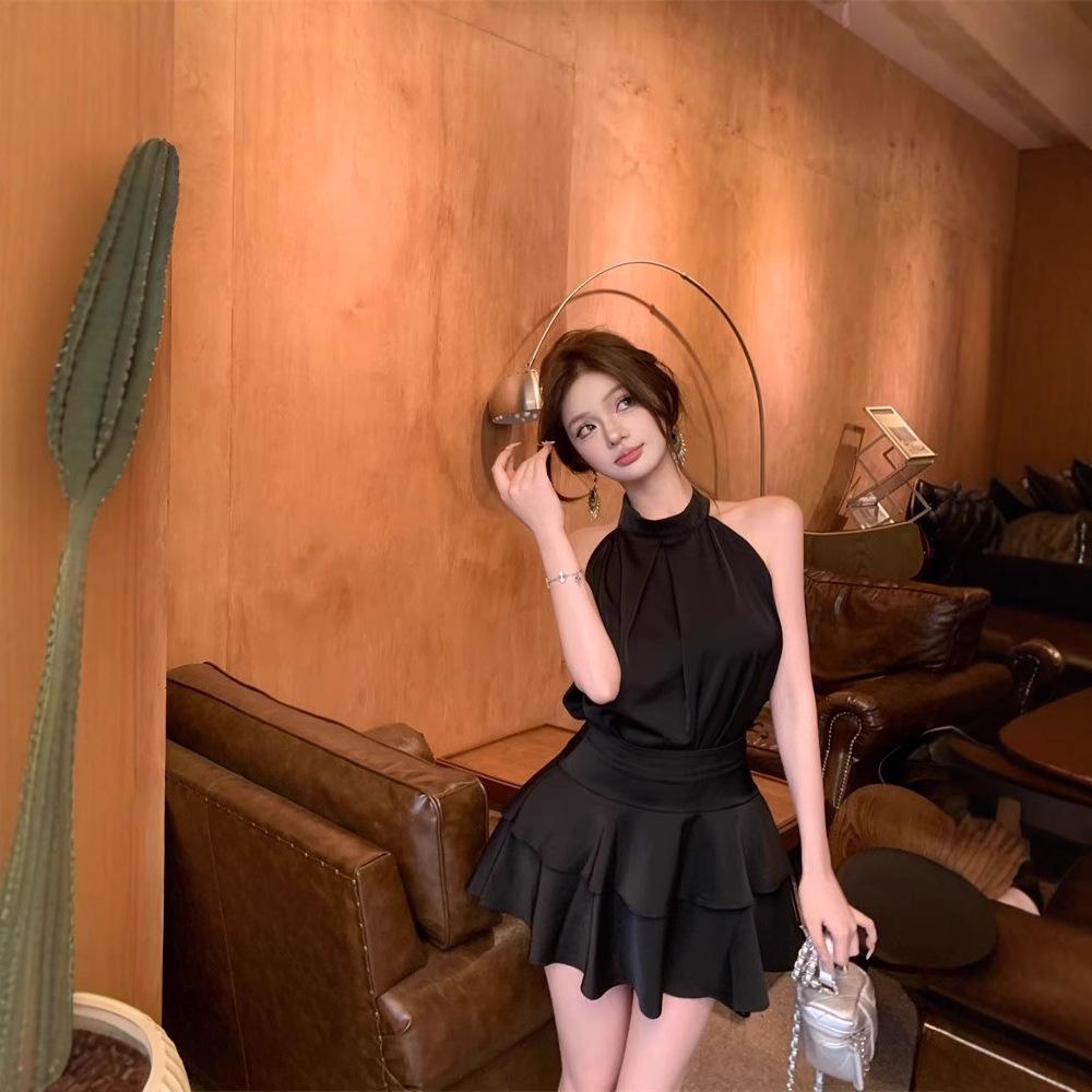 Sleeveless Neck Vest Top Women's Summer Daughter Feeling Set Ruffle Leaf Edge Cake Skirt Temperament Two-piece Set