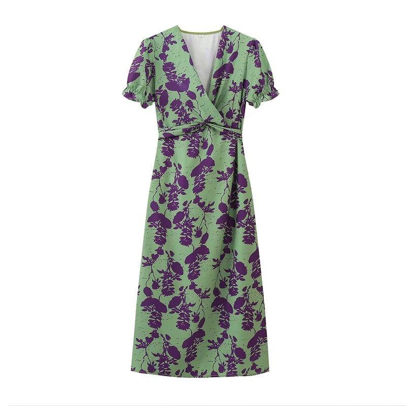 

Spring New Women s Clothing Fashion Fashion Socialite Style Temperament Waist-Controlled V Neck Short Sleeve Print Mid-Length Dress Green L