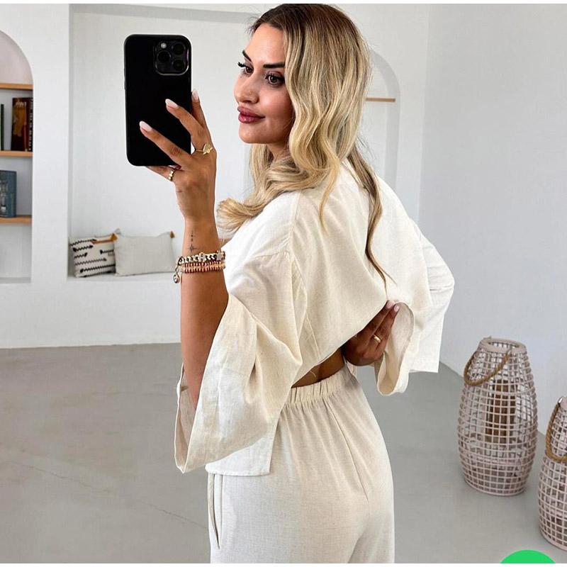 Cotton Linen Pants Suits Women 2-piece Set Loose V-neck Top with Elastic High Waist Wide Leg Pant No Pocket Commut Casual 2025 Spring Summer