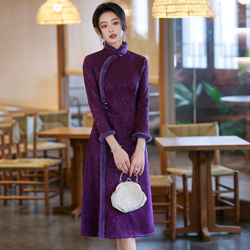 Purple Fleece-Lined Qipao Dress Winter Long Sleeve Vintage Chinese Style Womens Maxi