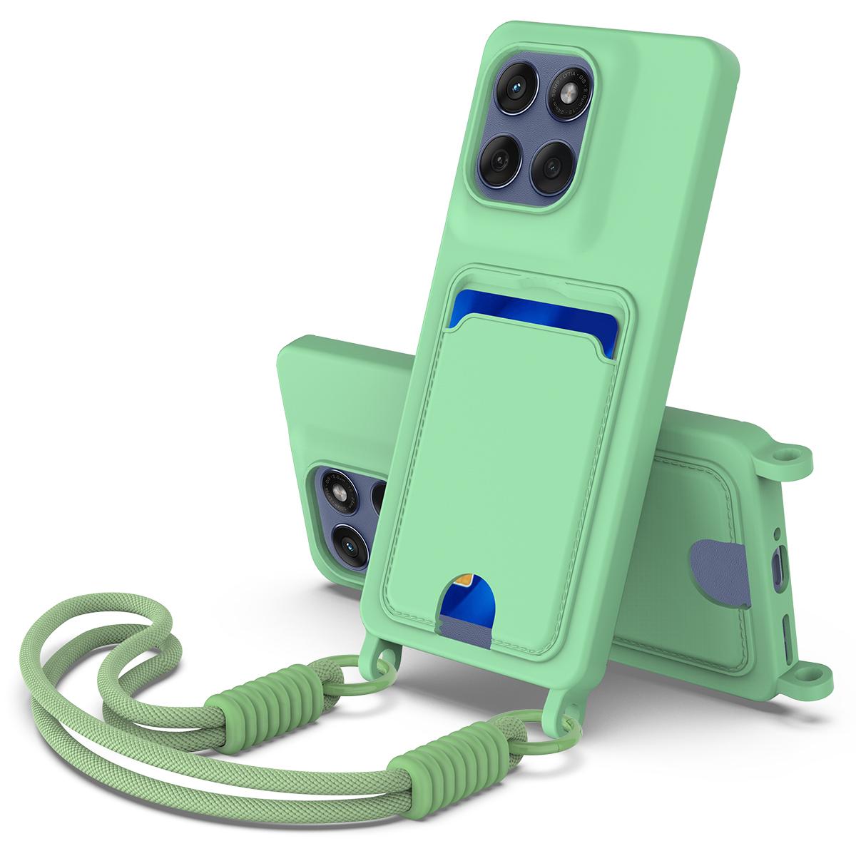 

For Motorola Edge 60 Pro 5G Liquid Silicone Case Phone Back Cover with Card Holder and Short Strap Green