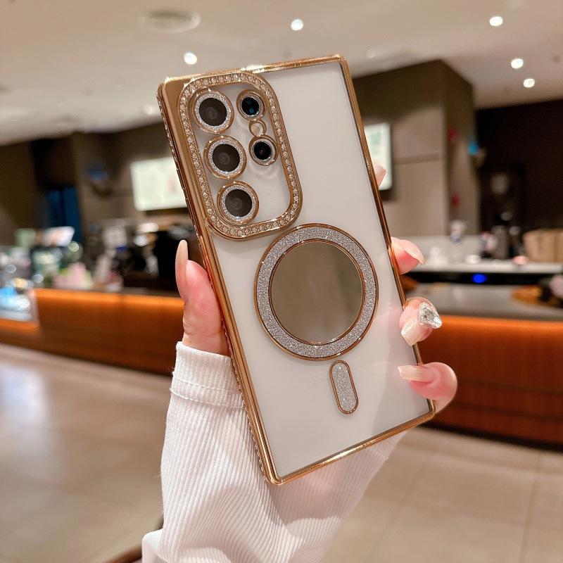 Applicable to Samsung S24Ultra mobile phone case electroplated rhinestone glitter magnetic makeup mirror S23 + side drill anti-drop cover