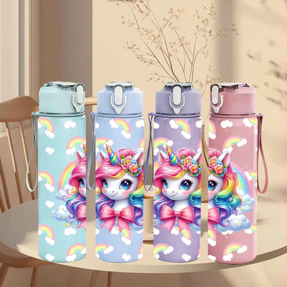1PC Rainbow Unicorn Pastel Art 750ml Color Plastic Sports Water Bottle Leakproof Flip Straw Lid Suitable for Sports Office Home Use