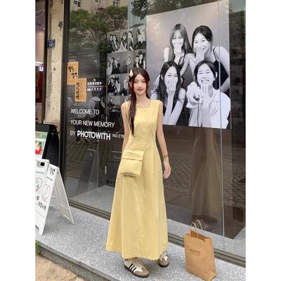 [Invisible Zipper + Small Backpack] Pure and Gentle Yellow Dress for Women's Summer Round Neck, Waist and Thin Back