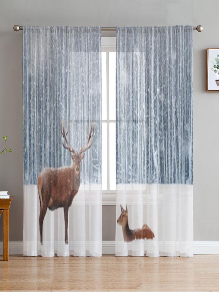 Christmas Elk Curtain Cartoon Xmas Forest Tree Deer Winter Snowflake Semi Living Room Voile Window Treatment Light Filtering Polyester Ideal For Great