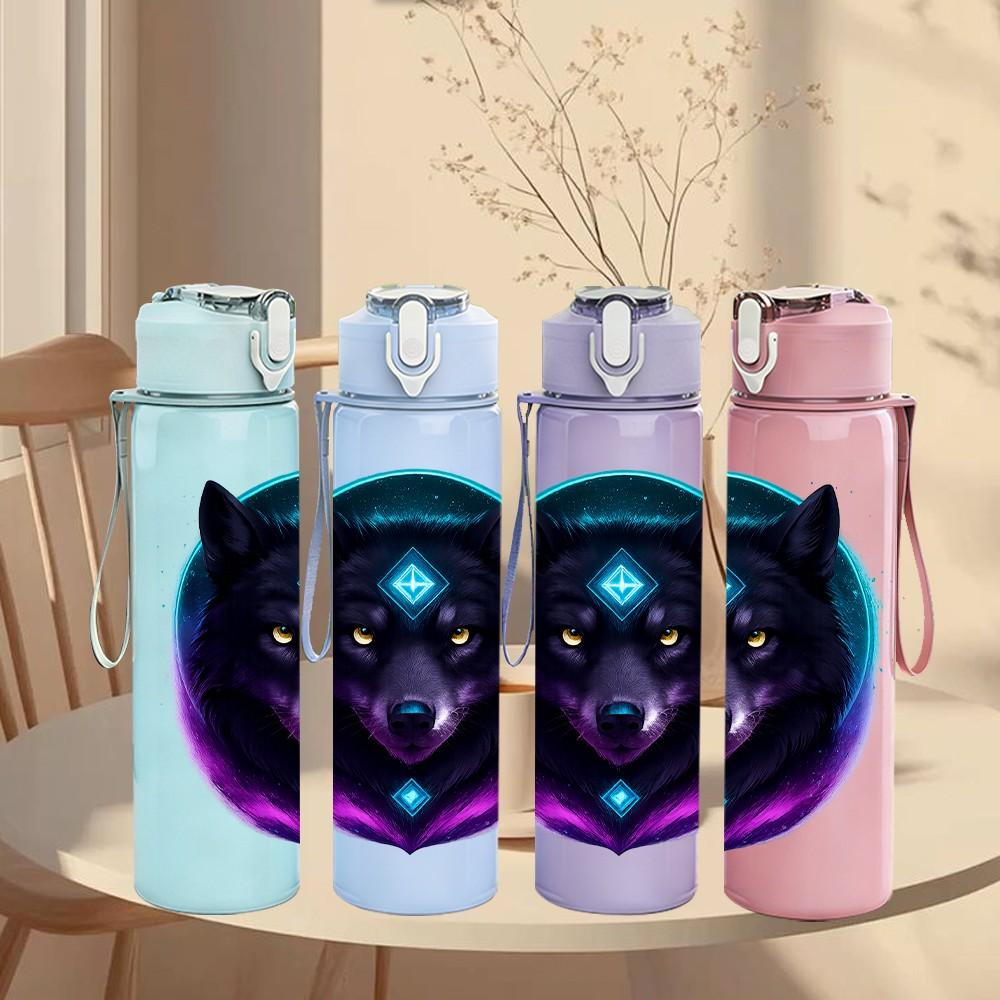1PC Purple Glowing Wolf Head 750ml Color Plastic Sports Water Bottle Leakproof Flip Straw Lid Suitable for Sports Office Home Use
