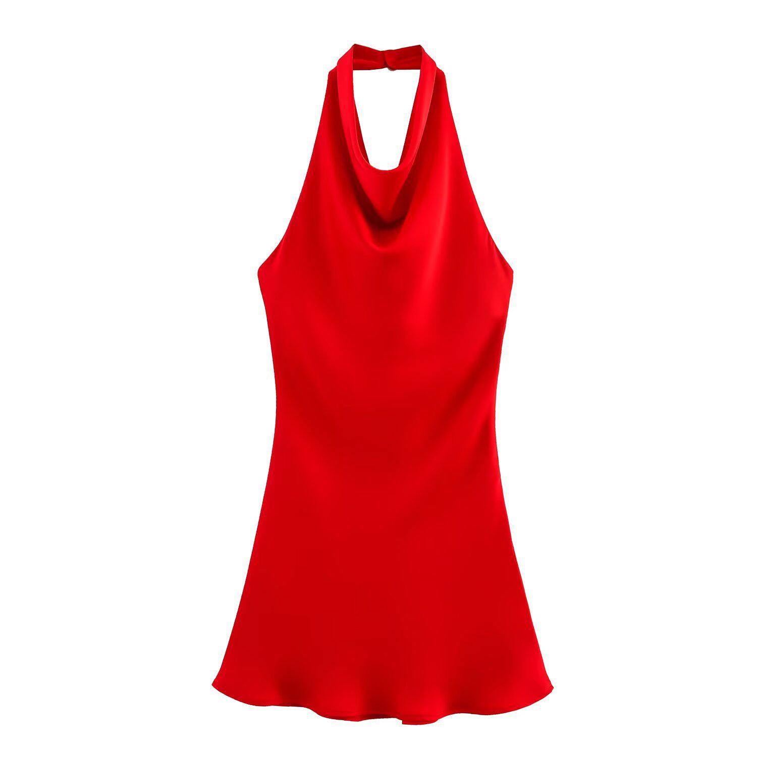 2025 Autumn European & American Fashion Slimming Silk Satin Halter Neck Dress L