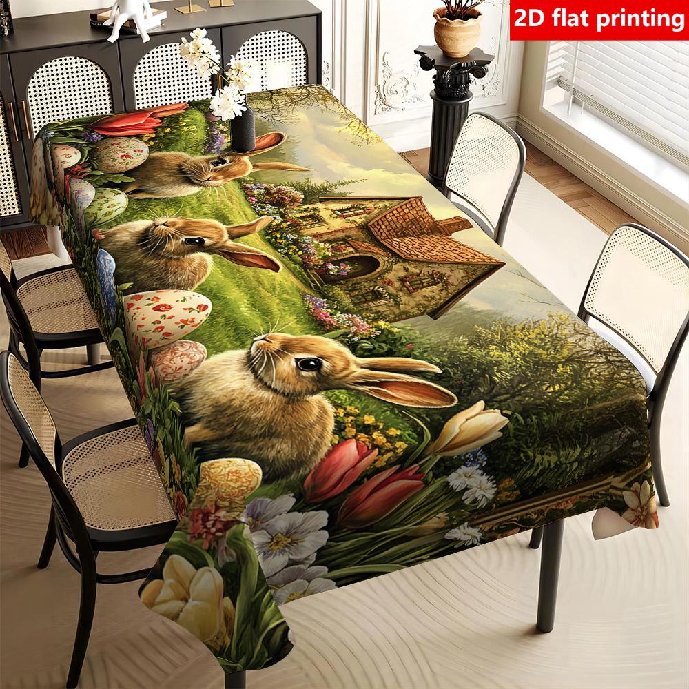 2D Flat Printing, 1pc, Easter Bunny Print Tablecloth, Polyester Material, Featuring Elements Such as Rabbits, Easter Eggs, and Floral Plants, Suitable