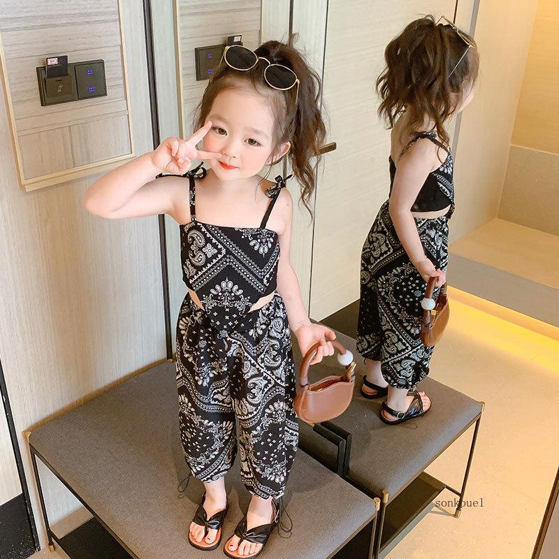 3-6 Years Summer Suit Thin Girls Suit Suspender Mosquito-proof Pants Two Pieces of Cute Girl Children's Clothes
