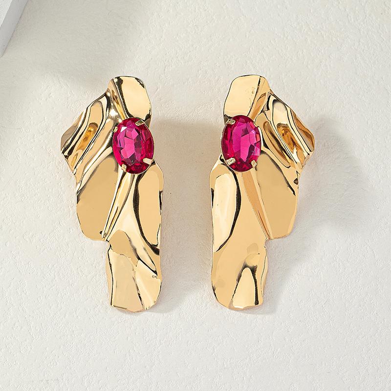 

Obega Geometric Fuchsia Stone Earrings Warm Gold Color Flower Shape Women Earring Stud Party Beach Jewelry For Girls