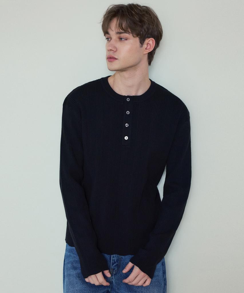 Wednesday Oasis Always Ribbed Henley Neck Washable Knit_Black(Wc25_Kn04)