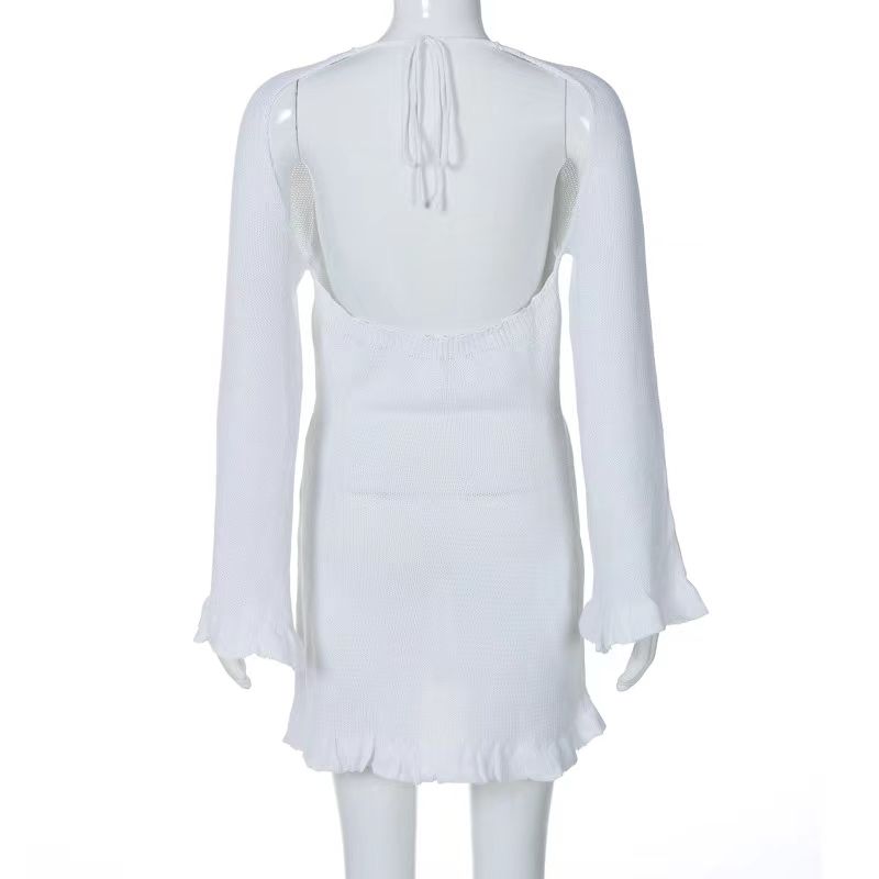 

Fashion Bell Sleeve Knitting Sexy Tether Backless Dress Sexy Knitted Backless Dress White M
