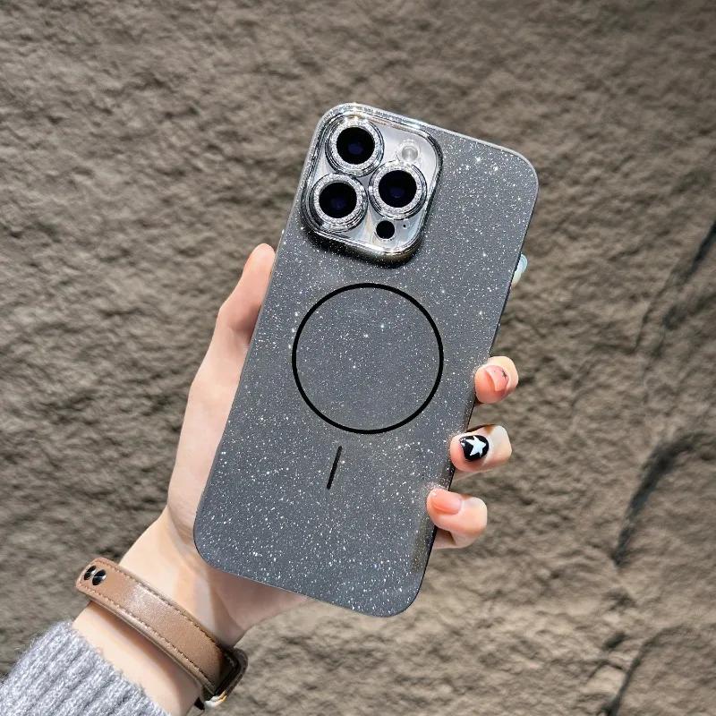Glitter Glass Camera Protector Phone Case for For Iphone 1 14 16 Plus 11 12 13 16 Pro Max Shining Magnetic Shockproof Cover