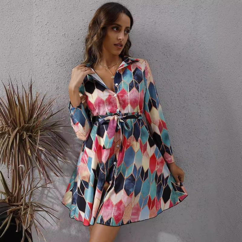 Fall Geometric Lace-up Single-breasted Long-sleeved Dress