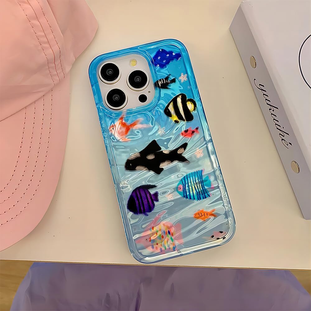 Compatible with iPhone Case,Cute Ocean Animals Aquaria Lovely Fishes Full Body Protection Soft Shockproof Cover Phone Case (Blue,iPhone 14 Plus)