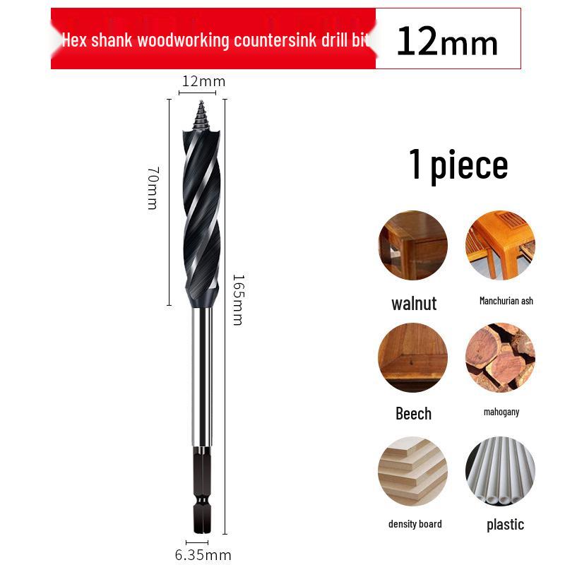 Ruiqi Hex Shank Four-Edge Wood Drill Bit for Door Lock and Drawer Hole Cutting