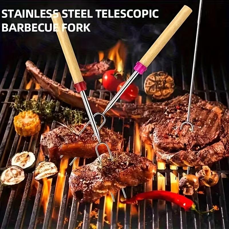 Stainless Steel Telescoping BBQ Fork U-Shaped Hot Dog Skewer with Wooden Handle for Outdoor Grilling Campfire BBQ Use