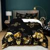 3pcs Black And Golden Flowers Butterfly Floral Digital Print Quilt Cover Set, Breathable Polyester 100% Zipper Closure