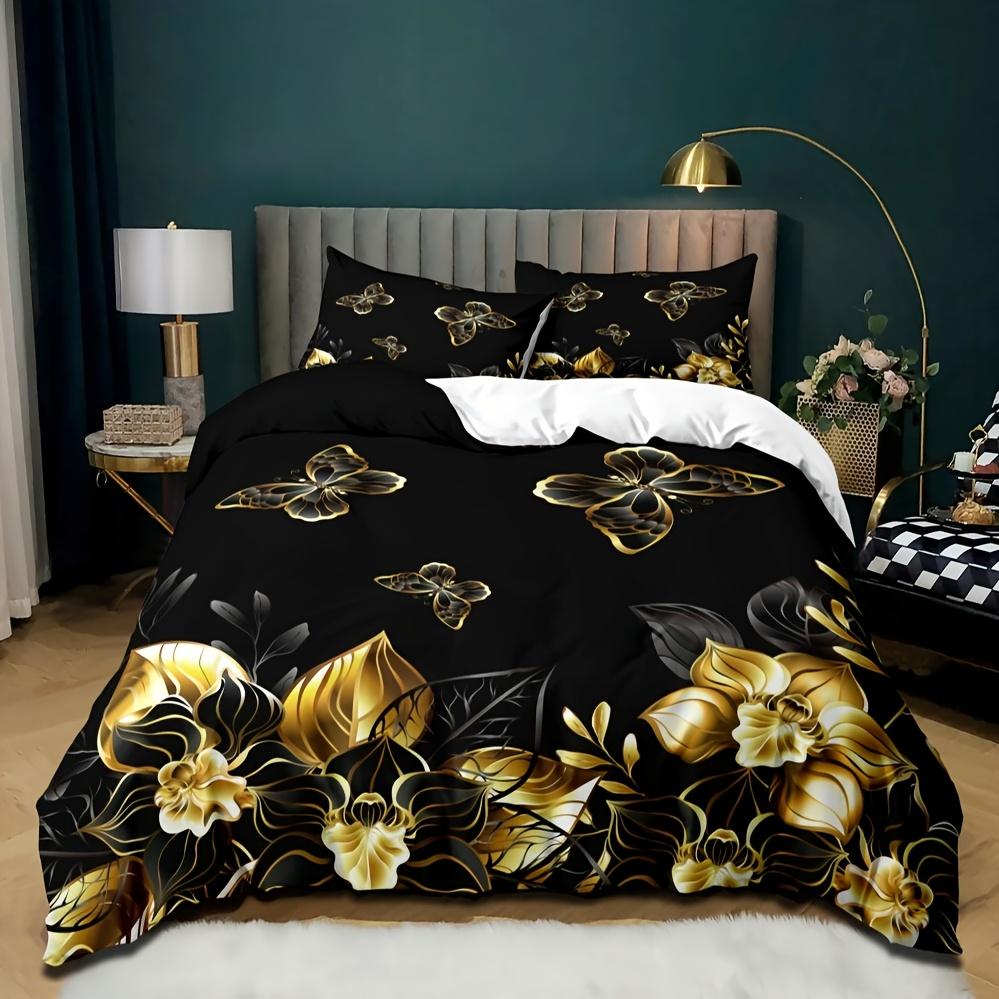 3pcs Black And Golden Flowers Butterfly Floral Digital Print Quilt Cover Set, Breathable Polyester 100% Zipper Closure