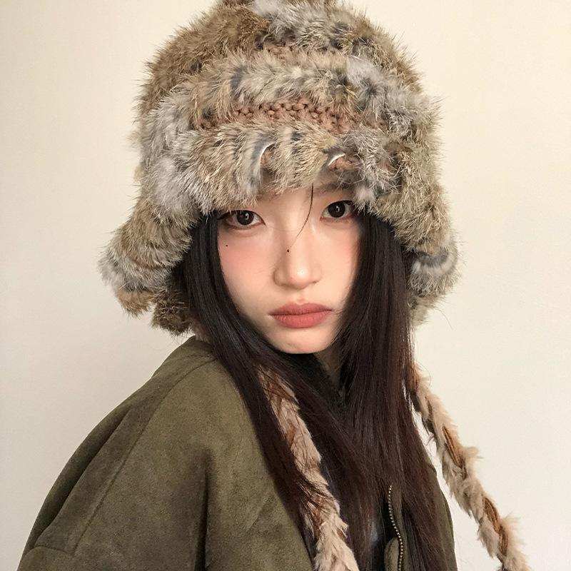 Rabbit Hair Blended Hat for Women In Autumn and Winter Thickened Warm Wool Hat Cold Protection Ears and Face Small Bag Head Hat Pullover Hat