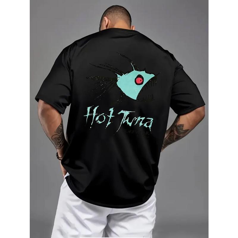Casual T-shirt met korte mouwen voor heren | Cyan Piranha Hot Tuna T-shirt, Wasbaar in de machine, Normale pasvorm, Ronde hals, Veelzijdig voor buitensporten